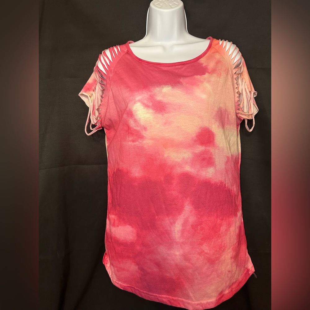 Pink Tie-Dye Top with Distressed Sleeves